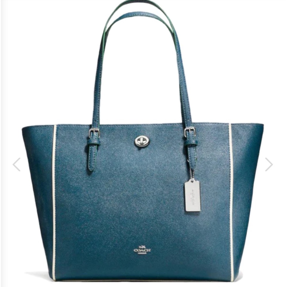 Coach Turnlock Tote in Edgestain Leather Mineral Blue Navy